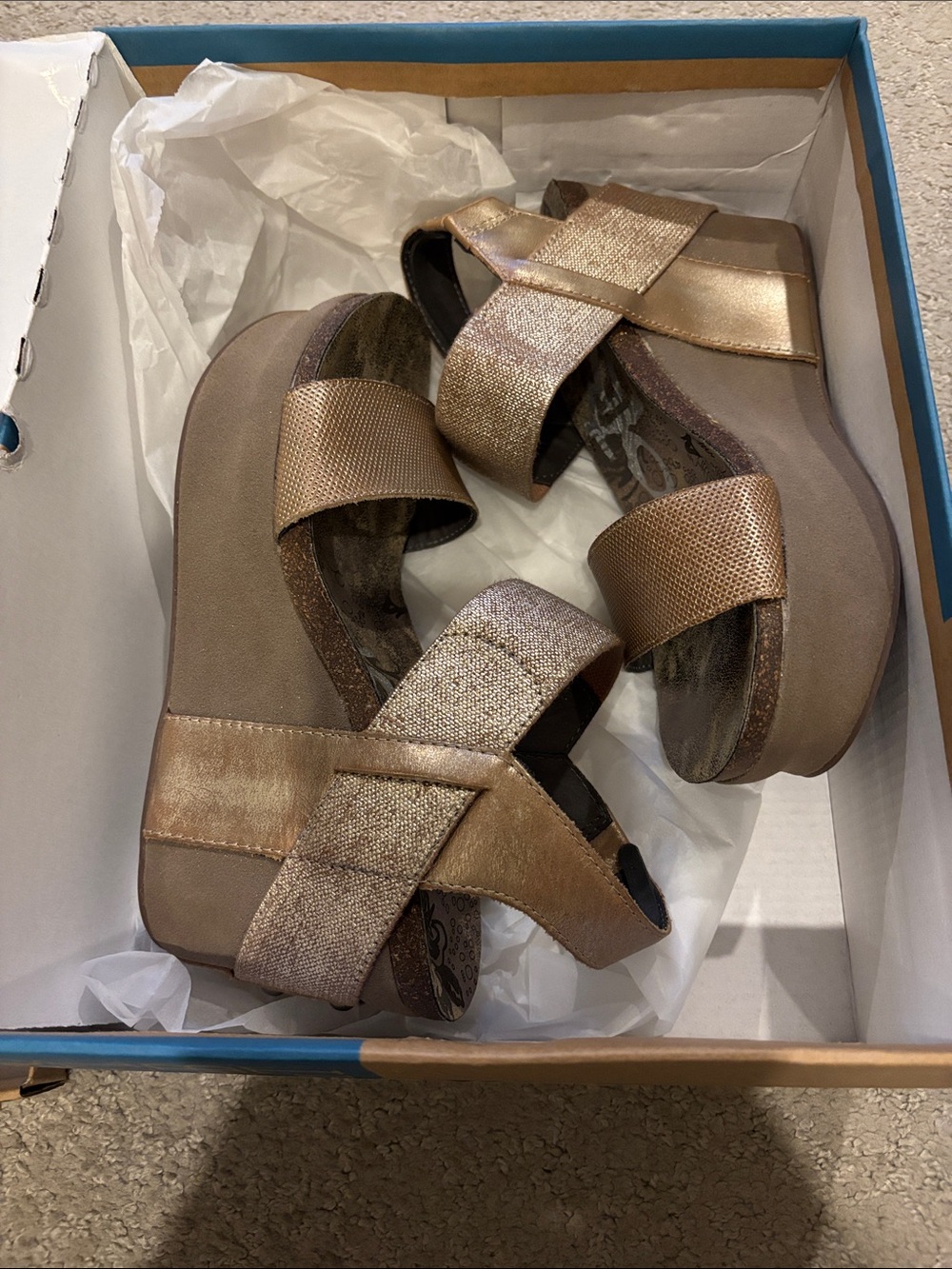 OTBT Metallic Bronze Crisscross Wedge Sandals